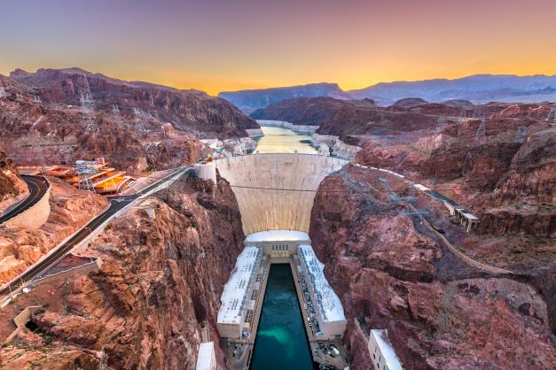 Beautiful aerial shot, Hoover Dam, sunset, Las Vegas, Nevada. 