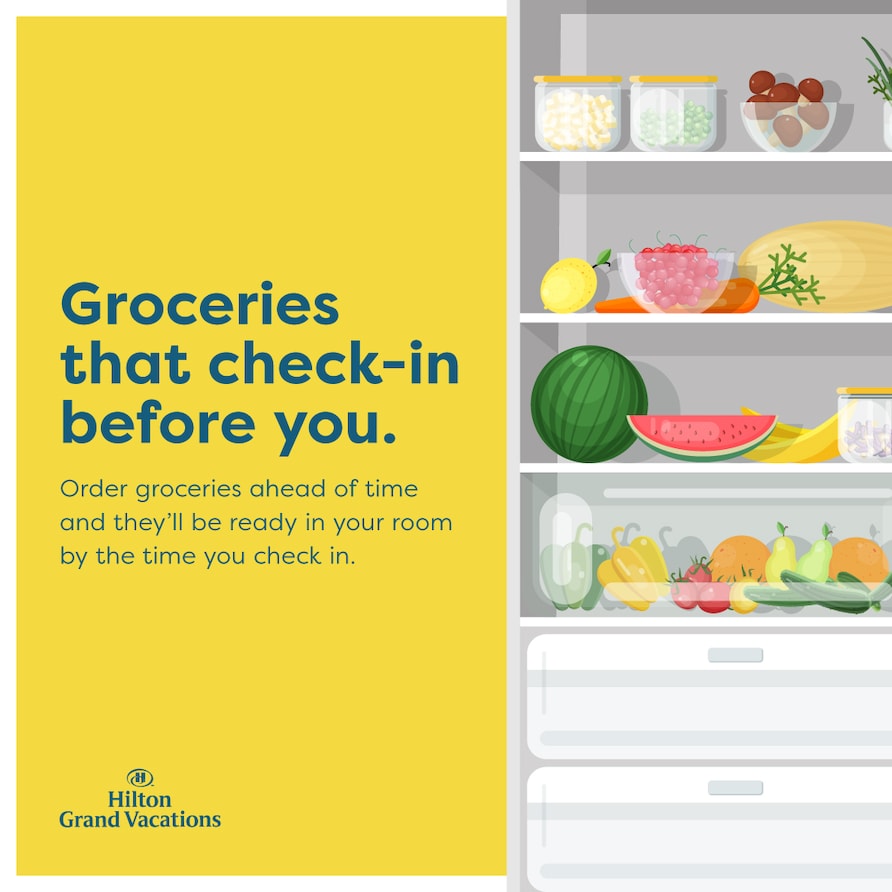 Infographic explaining Hilton Grand Vacations stock my fridge service. 