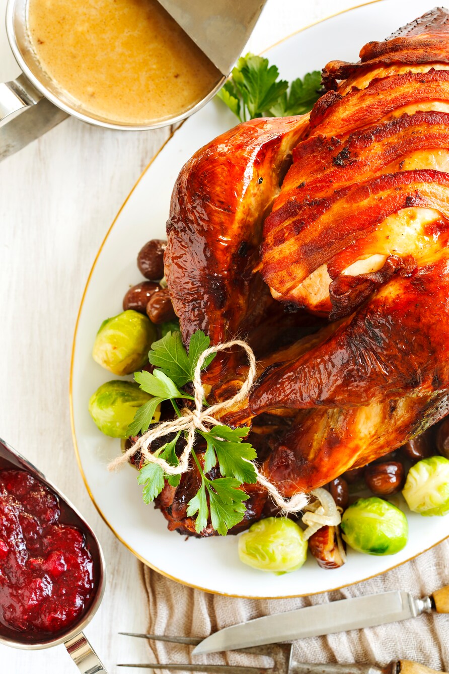 Overhead shot of a holiday turkey dinner.