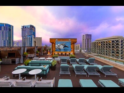 Roof top movie theater at Hokulani Waikiki by Hilton Grand Vacations in Hawaii. 