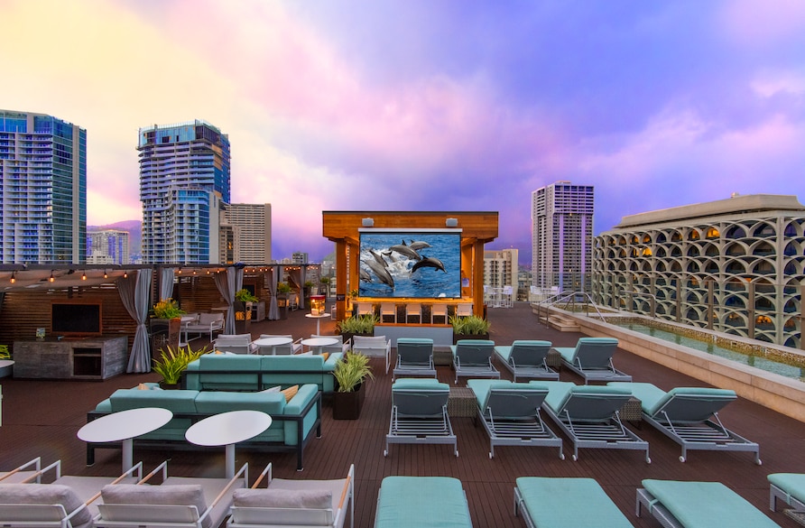 Roof top movie theater at Hokulani Waikiki by Hilton Grand Vacations in Hawaii. 