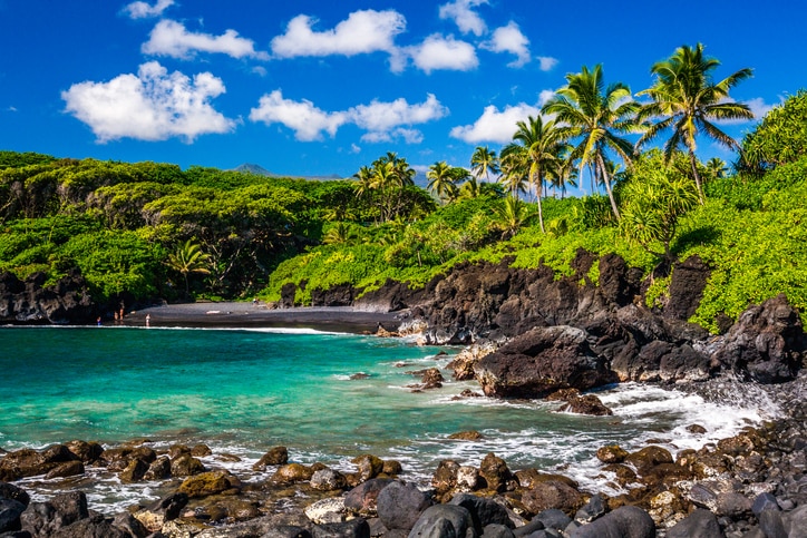 Aerial shot of a blank sand beach on The Big Island of Hawaii. 