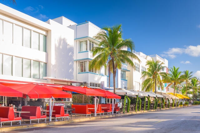 Outdoor cafes along South Beach in Miami, Florida. 