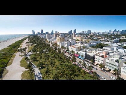 Aerial view of Hilton Grand Vacations at McAlpin—Ocean Plaza and the South Beach in Miami, Florida. 