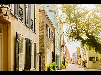 Colorful houses along Rainbow Row in Charleston, South Carolina. 