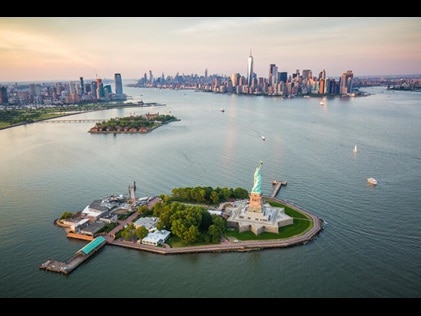 Aerial shot of Ellis Island in New York City. 