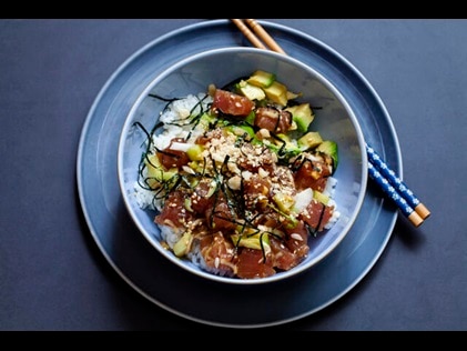 Overhead shot tuna poke bowl on the Big Island, Hawaii. 