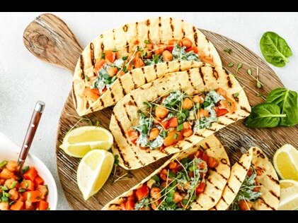 Overhead shot of healthy Mexican-inspired fare.