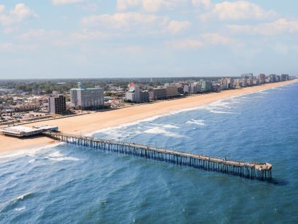 Aerial view of a pier along the shore of Virginia Beach, Virginia 