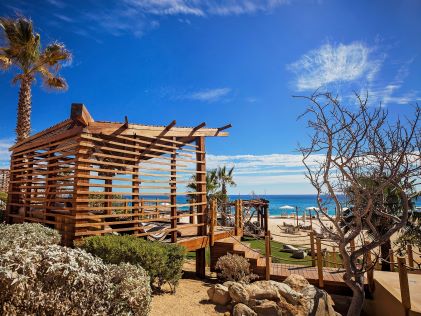 A beach cabana near La Pacifica Los Cabos, a Hilton Club, in Mexico