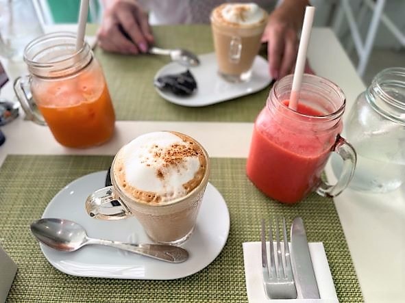 Point of view shot of healthy foods and smoothies, Aruba.