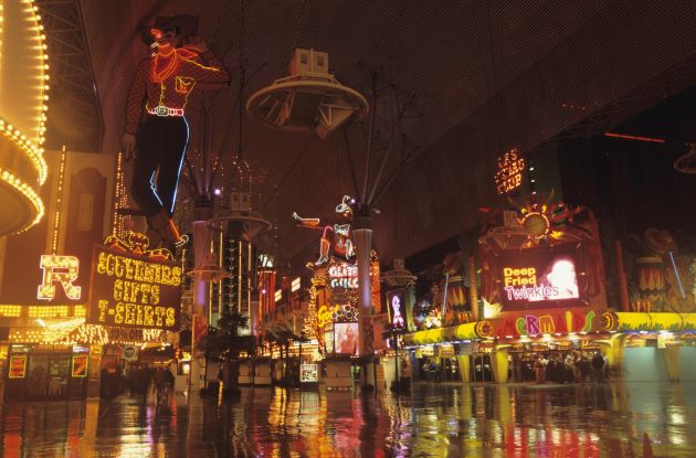 Freemont Street lighting the night sky, Las Vegas.