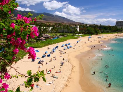 Ka'anapali Beach and pink flowers in Maui, Hawaii