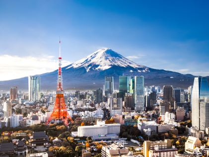 Aerial view of Tokyo and Mt. Fuji in the background