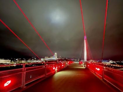 The Bob Kerrey Pedestrian Bridge in Omaha, Nebraska, at night