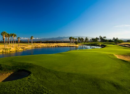 Aerial shot of the beautifully manicured golf course at Kings’ Land, a Hilton Grand Vacations Club, Waikoloa, Hawaii
