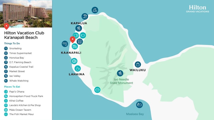 A map of West Maui with markers indicating things to do and places to eat, including Hilton Vacation Club Ka'anapali Beach