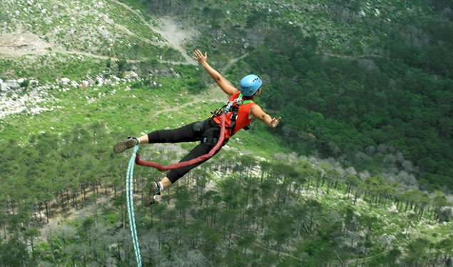 Women bungee jumping